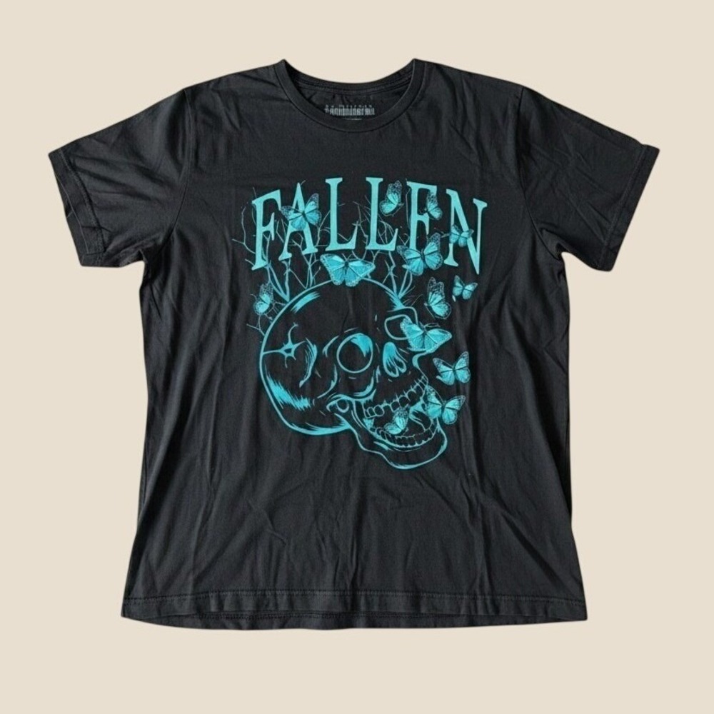 DX-Xtreme Fallen Skull Butterfly Graphic T-Shirt Black Teal Youth XL